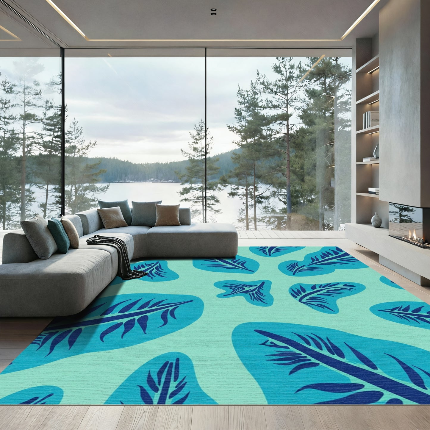 Teal Tropical Leaf Cluster Rug