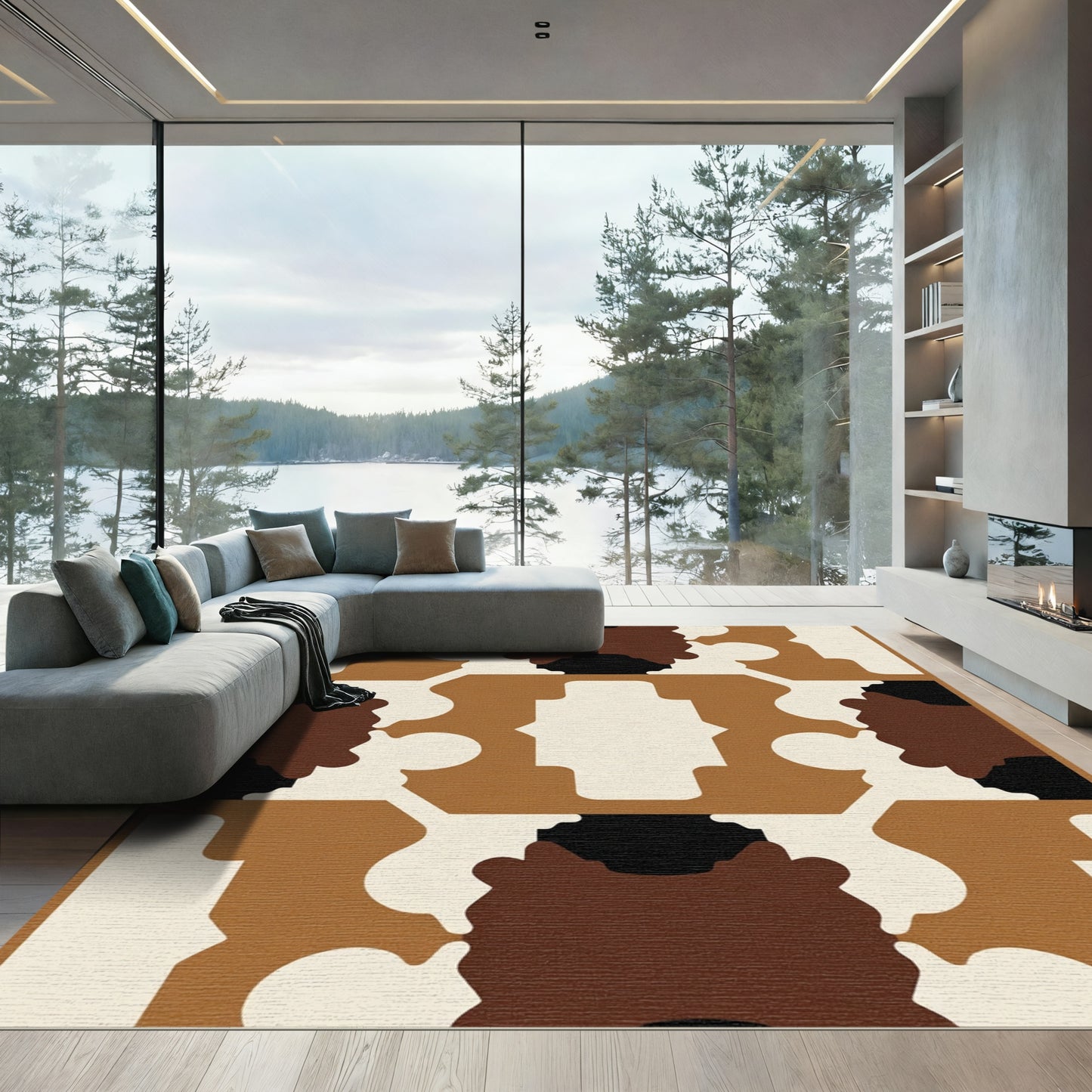 Terracotta and Cream Geometric Mid Century Rug
