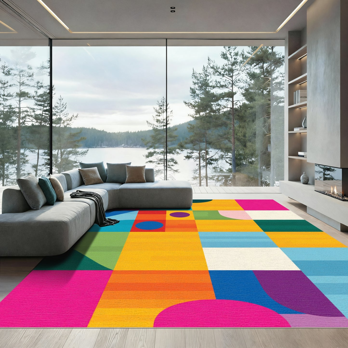 Colorful Geometric Blocks And Circles Rug