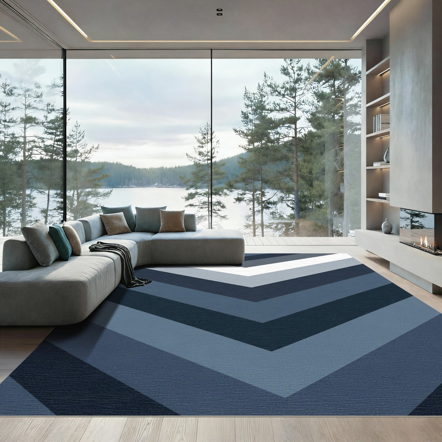 Navy Gray Chevron Stripes Rug