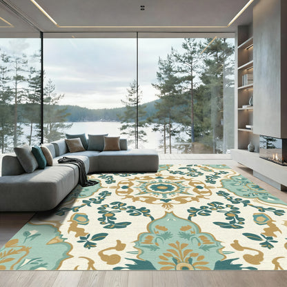 Aqua Gold Floral Medallion Tapestry Rug