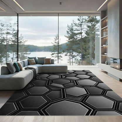 Dark Gray Hexagonal Interlocking Abstraction Rug