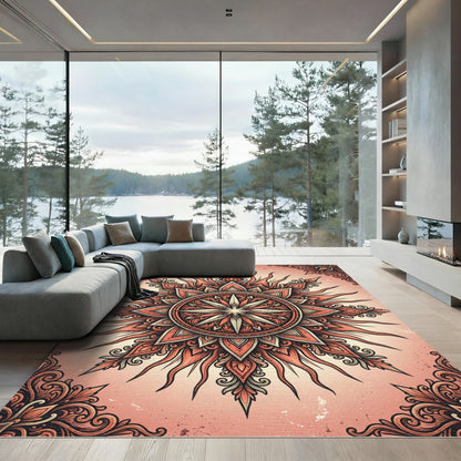 Ornate Coral Sunburst Radiant Mandala Rug