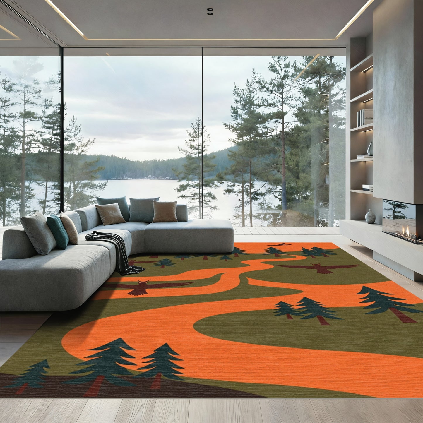 Terracotta Orange Forest Bird Scene Rug