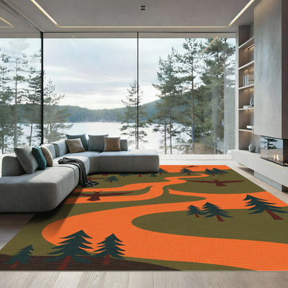 Terracotta Orange Forest Bird Scene Rug