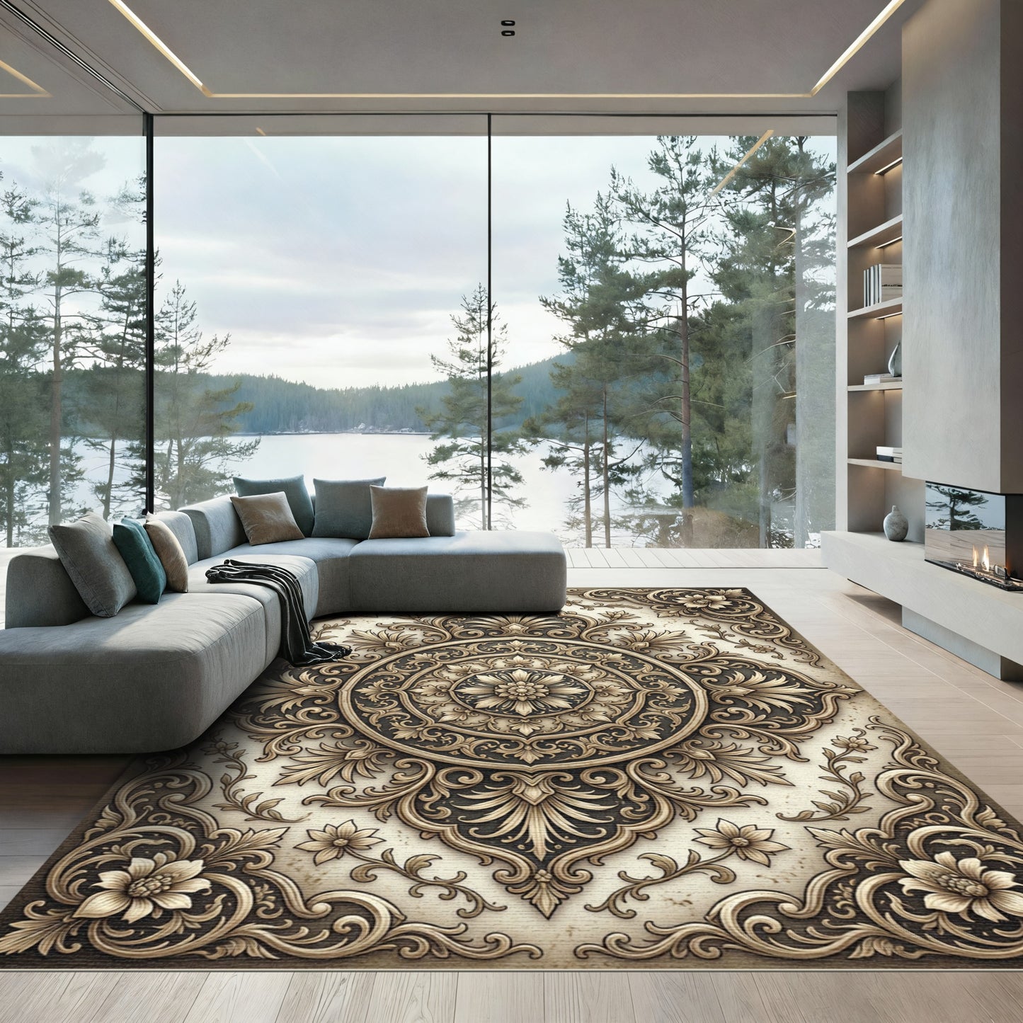 Antique Gold Floral Medallion Square Rug