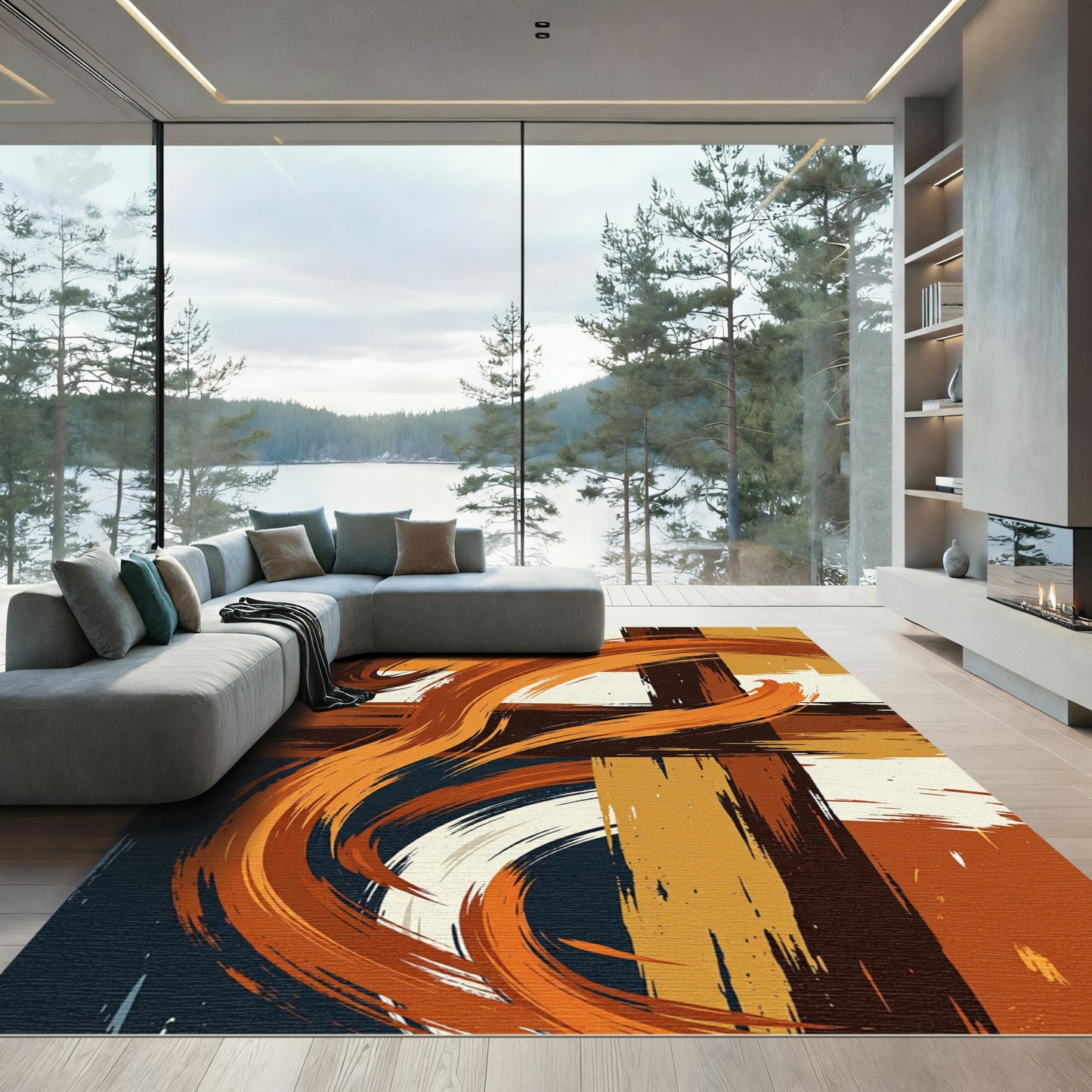 Modern Abstract Burnt Orange Flowing Lines Rug