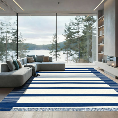 Navy Blue White Stripe Border Rug