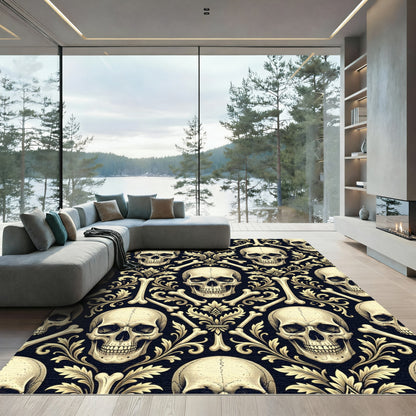 Gothic Cream Skull Damask Onyx Rug