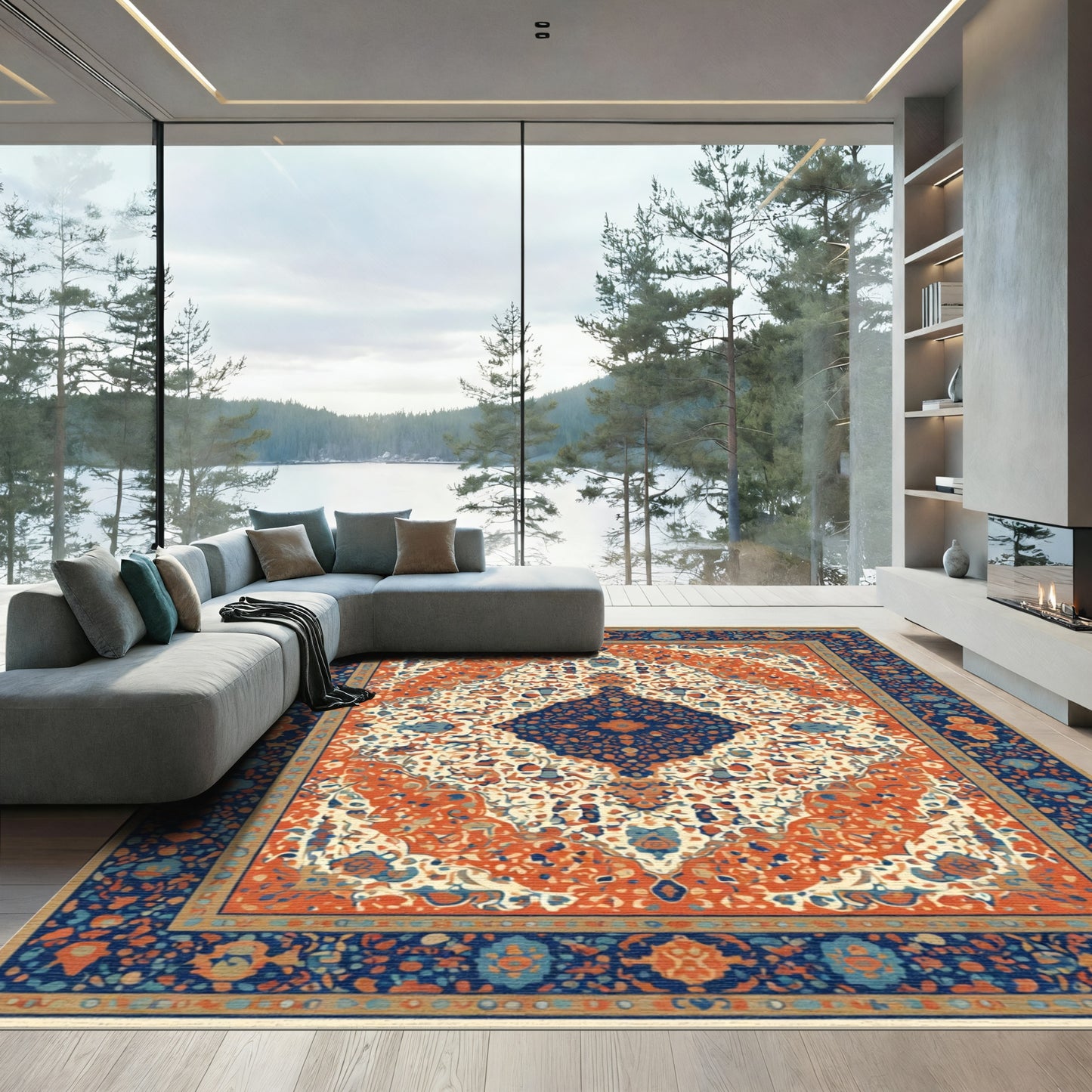 Crimson Blue Detailed Floral Medallion Rug