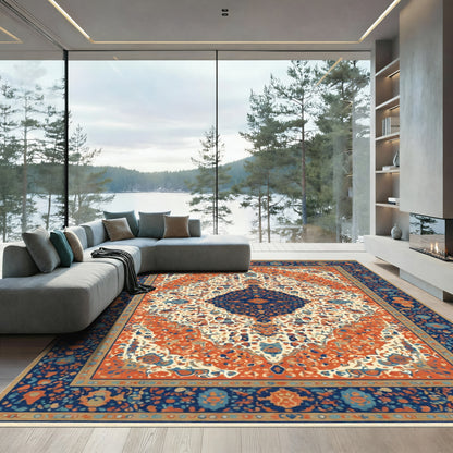 Crimson Blue Detailed Floral Medallion Rug