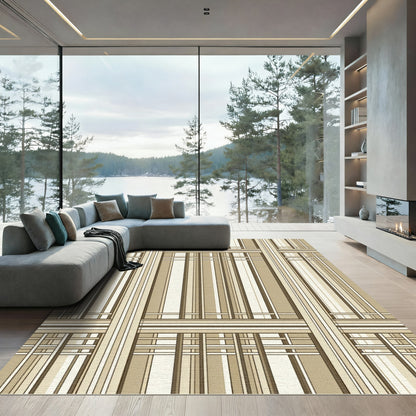 Neutral Beige Linear Grid Plaid Rug