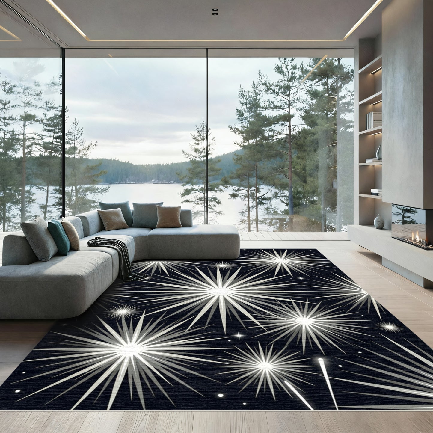 Radiant Silver Starburst Explosion Rug