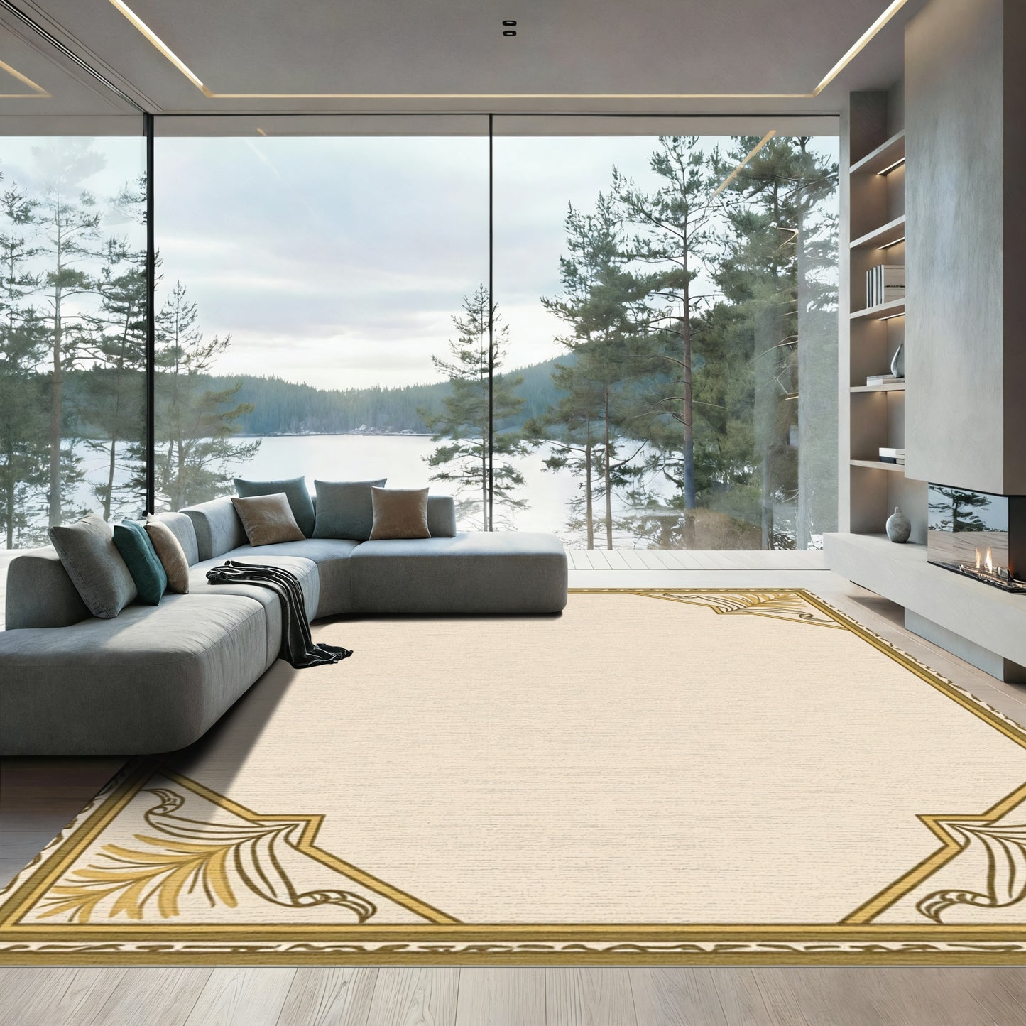 Cream Tan Golden Leaf Border Rug