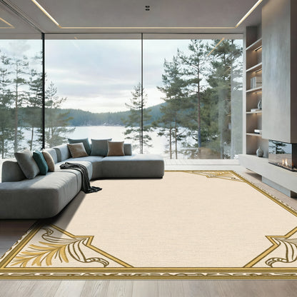 Cream Tan Golden Leaf Border Rug