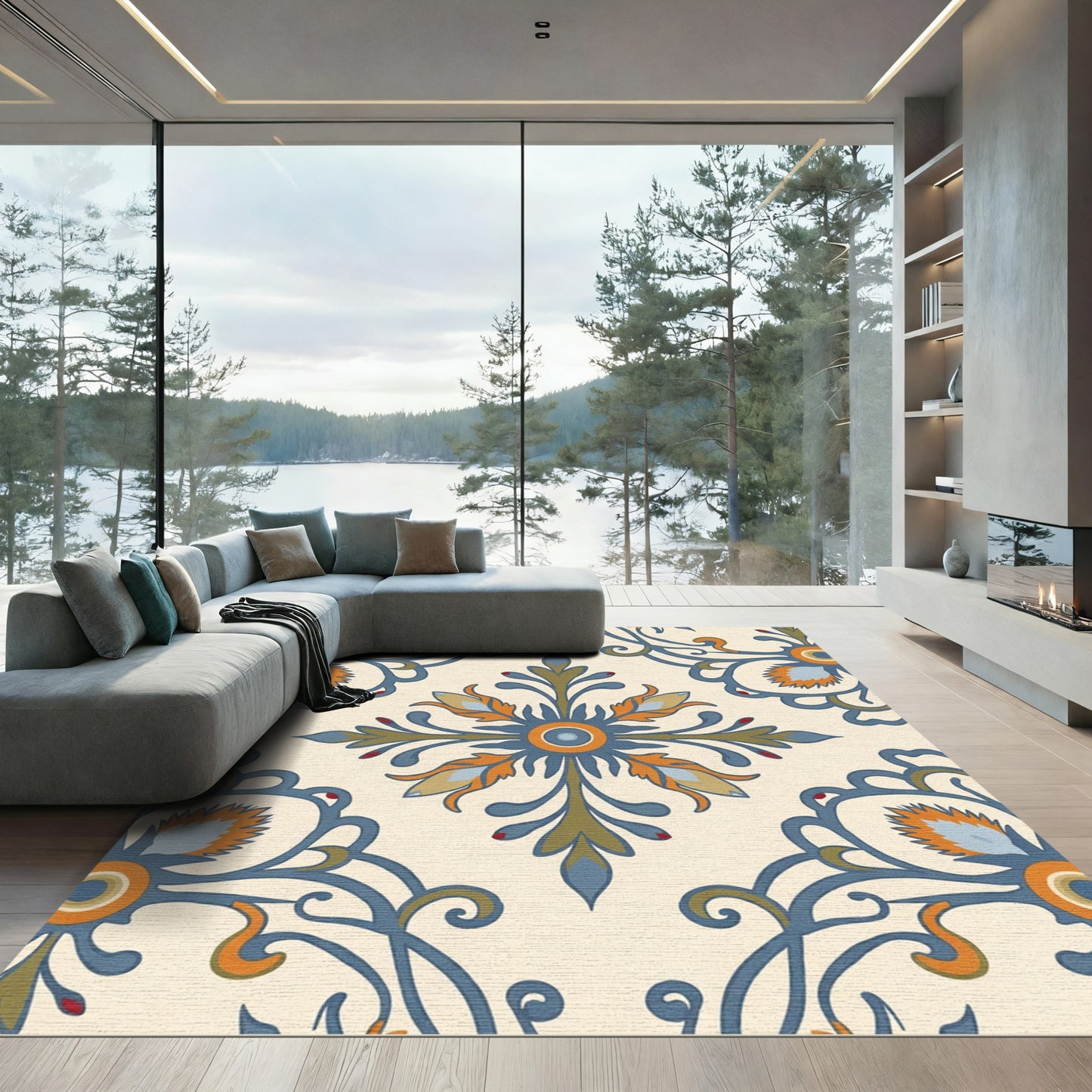 Classic Blue Orange Floral Medallion Rug