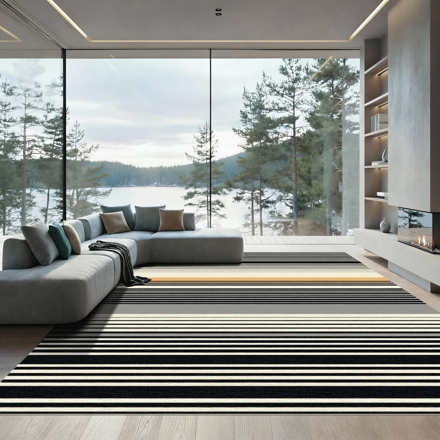 Modern Black Gold Gray Stripe Rug