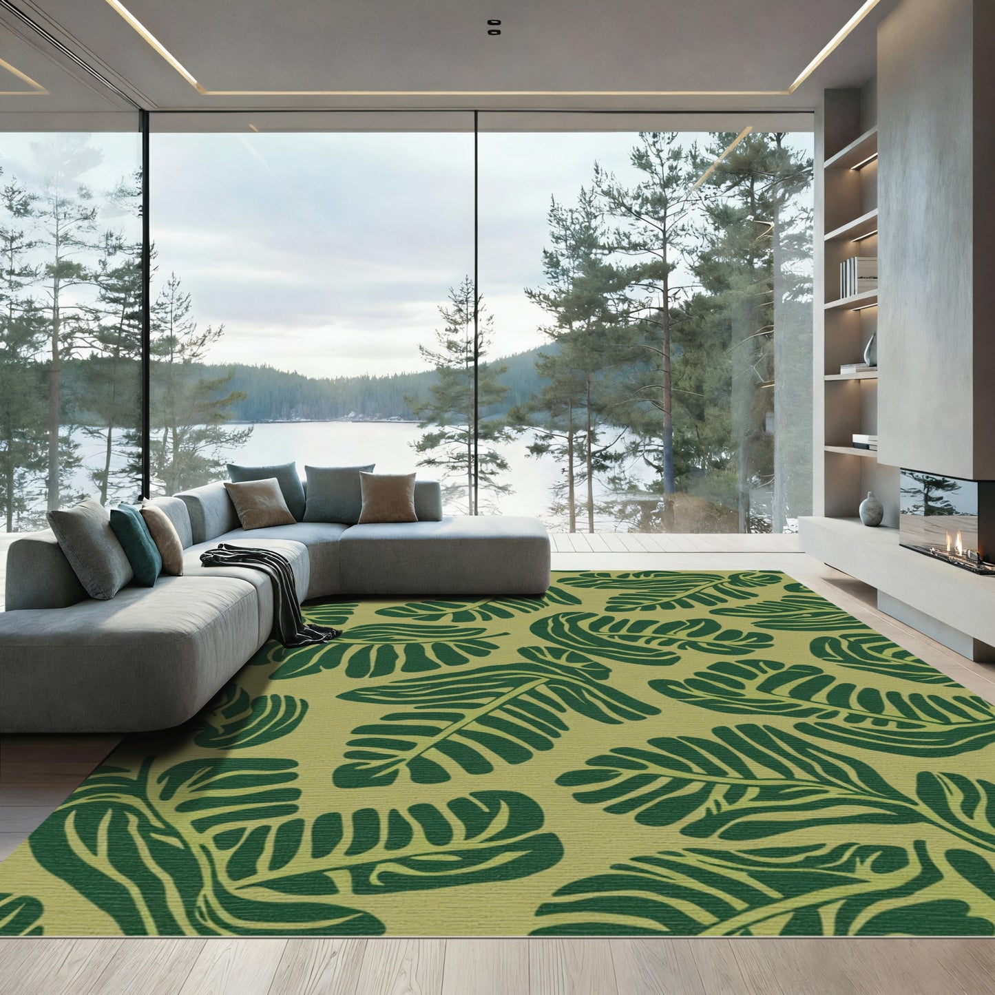 Earthy Green Tropical Leaf Collage Rug