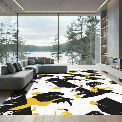 Black Yellow Abstract Splatter Composition Rug