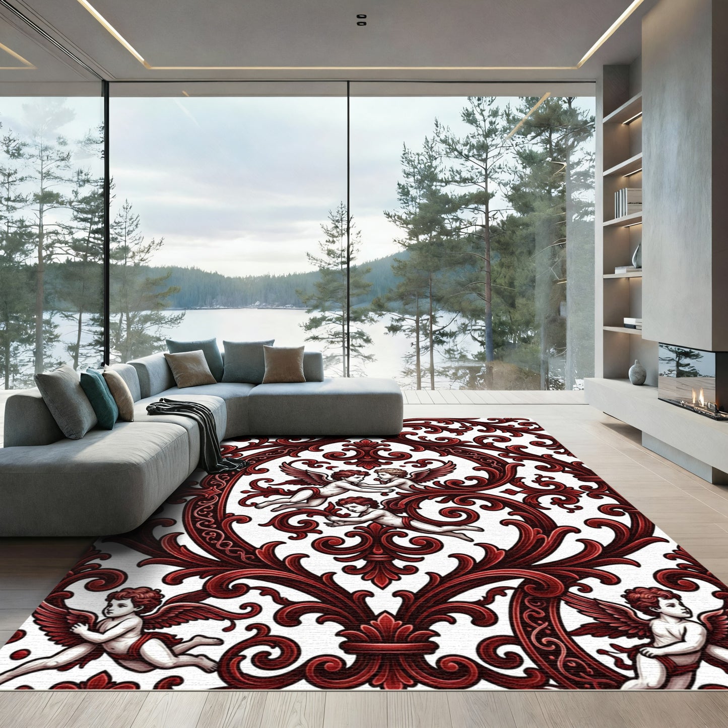 Baroque Crimson Cherub Scrollwork Rug