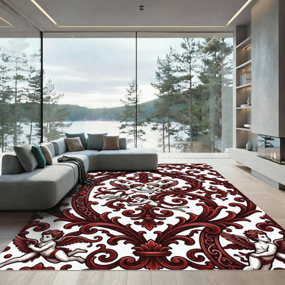 Baroque Crimson Cherub Scrollwork Rug