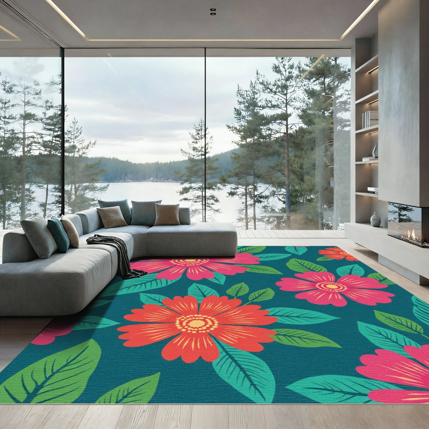 Bold Crimson Floral Teal Garden Rug