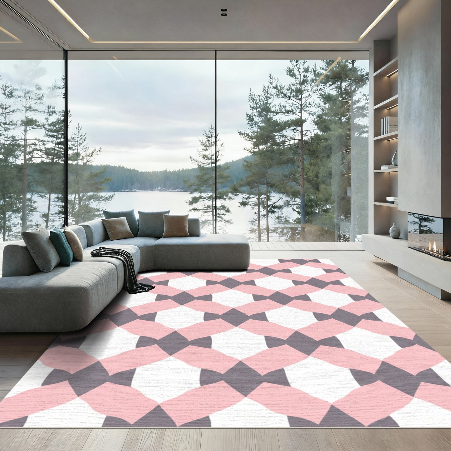 Pink Gray Interlocking Diamond Weave Rug