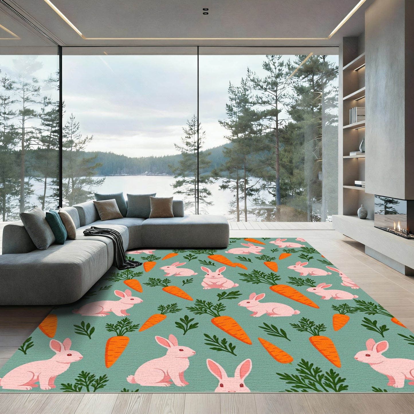 Whimsical Pastel Pink Bunny Carrot Meadow Rug
