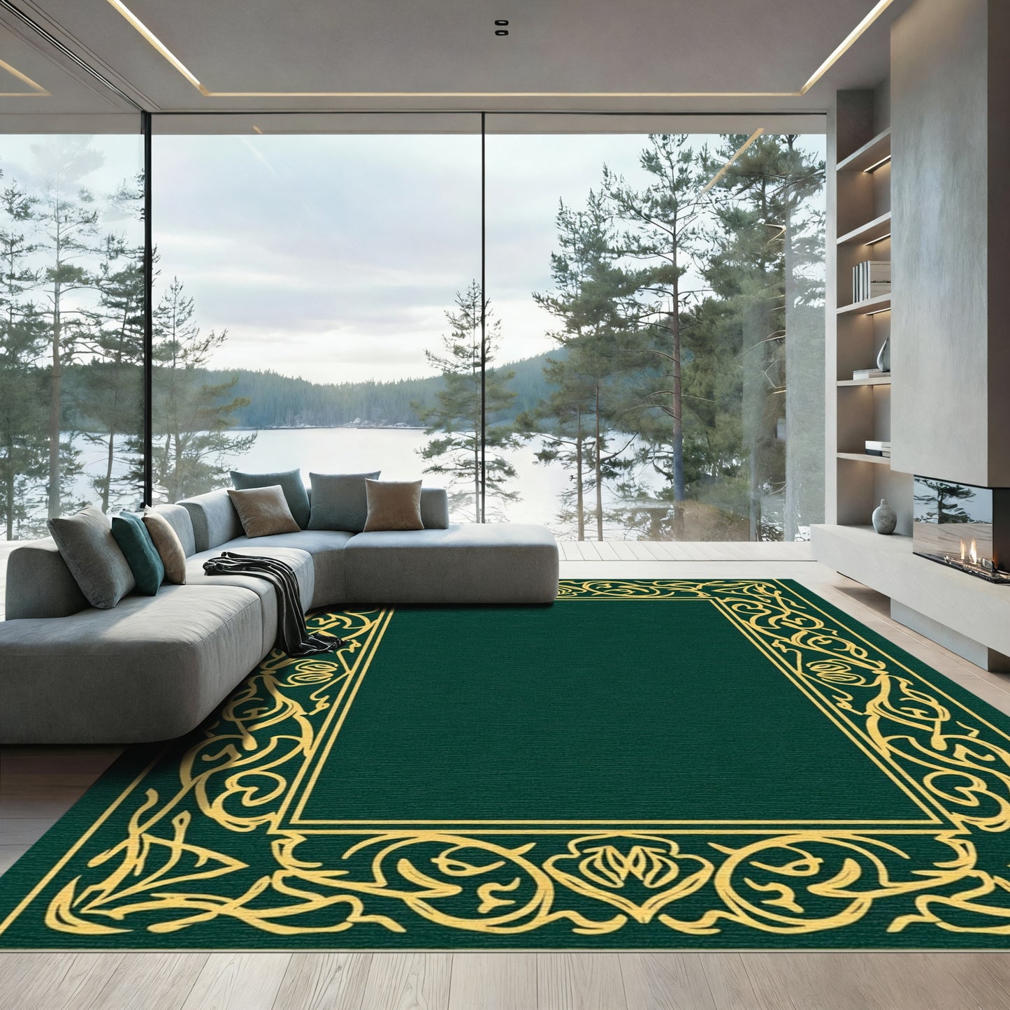Rich Gold Emerald Leafy Border Rug