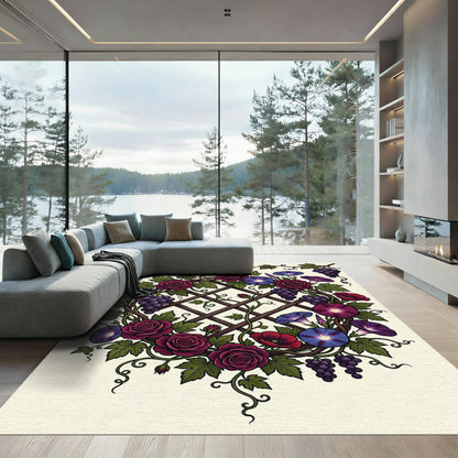 Botanical Vineyard Rose and Morning Glory Wreath Rug