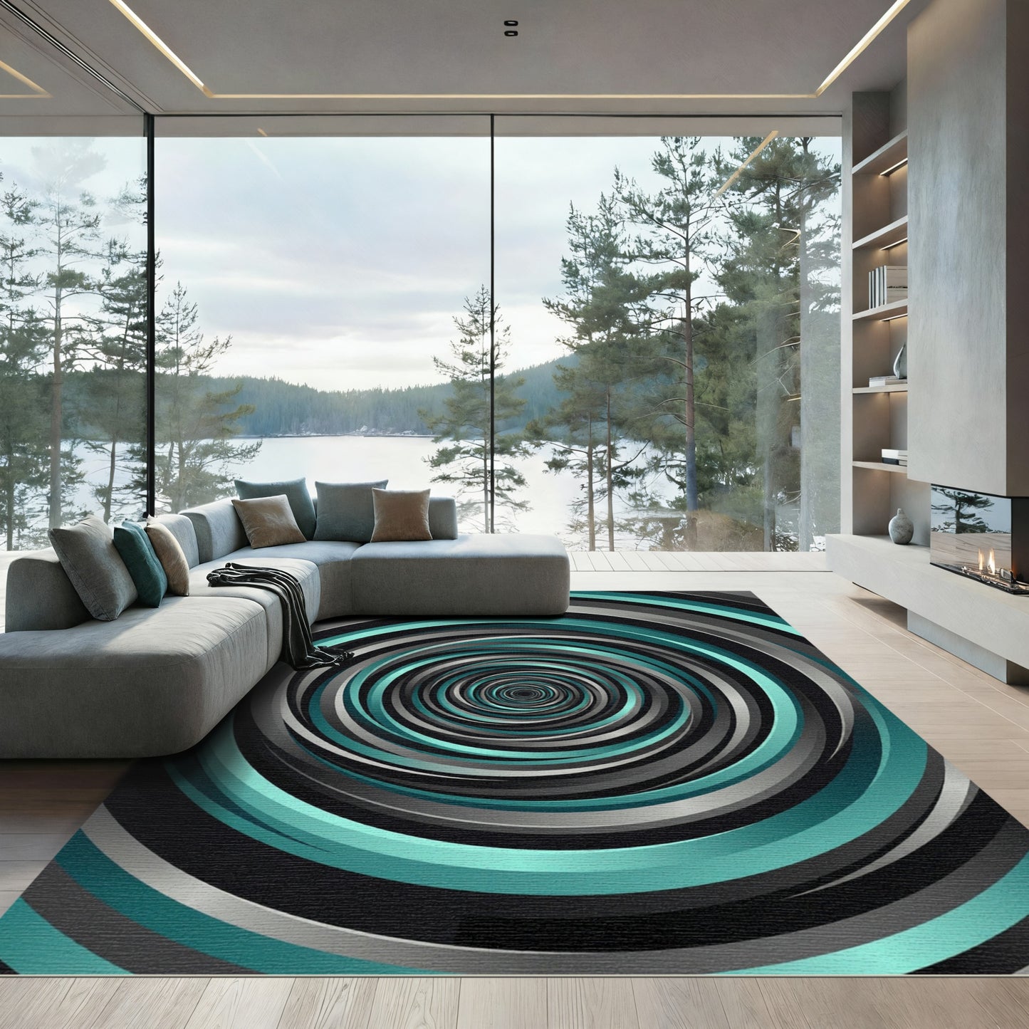 Modern Teal and Charcoal Vortex Swirl Rug