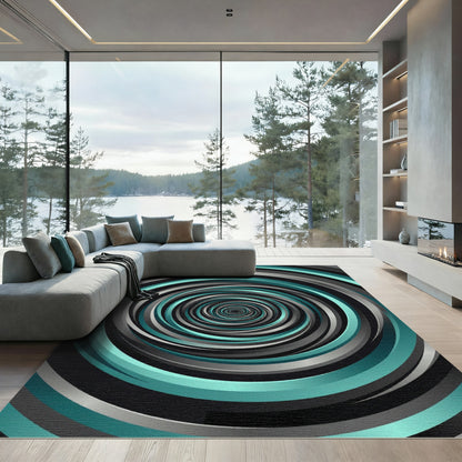 Modern Teal and Charcoal Vortex Swirl Rug