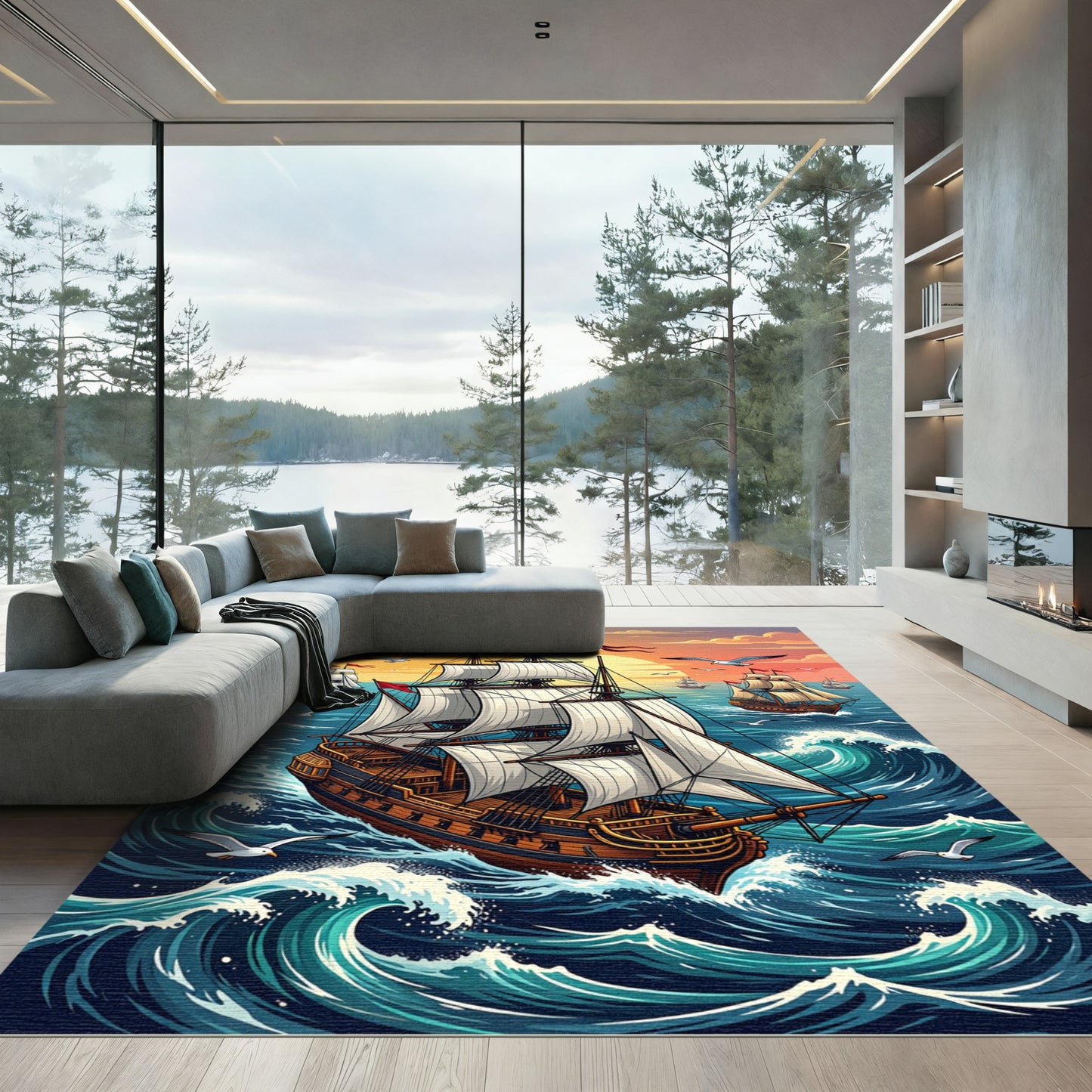 Majestic Galleon Sunset Ocean Voyage Rug