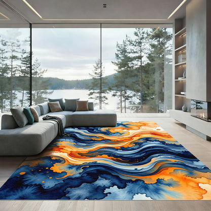 Ethereal Blue and Amber Swirling Wave Rug