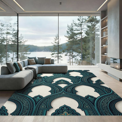 Teal Ornate Archway Scalloped Tile Rug