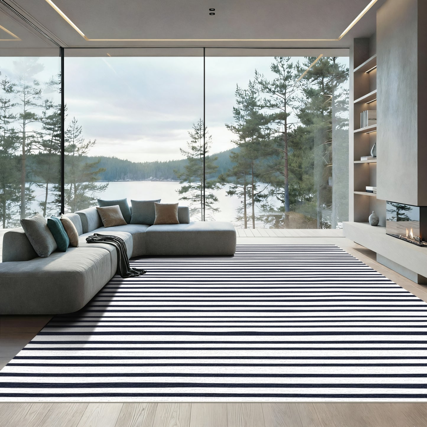 Navy White Handdrawn Stripe Runner Rug