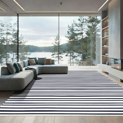 Navy White Handdrawn Stripe Runner Rug