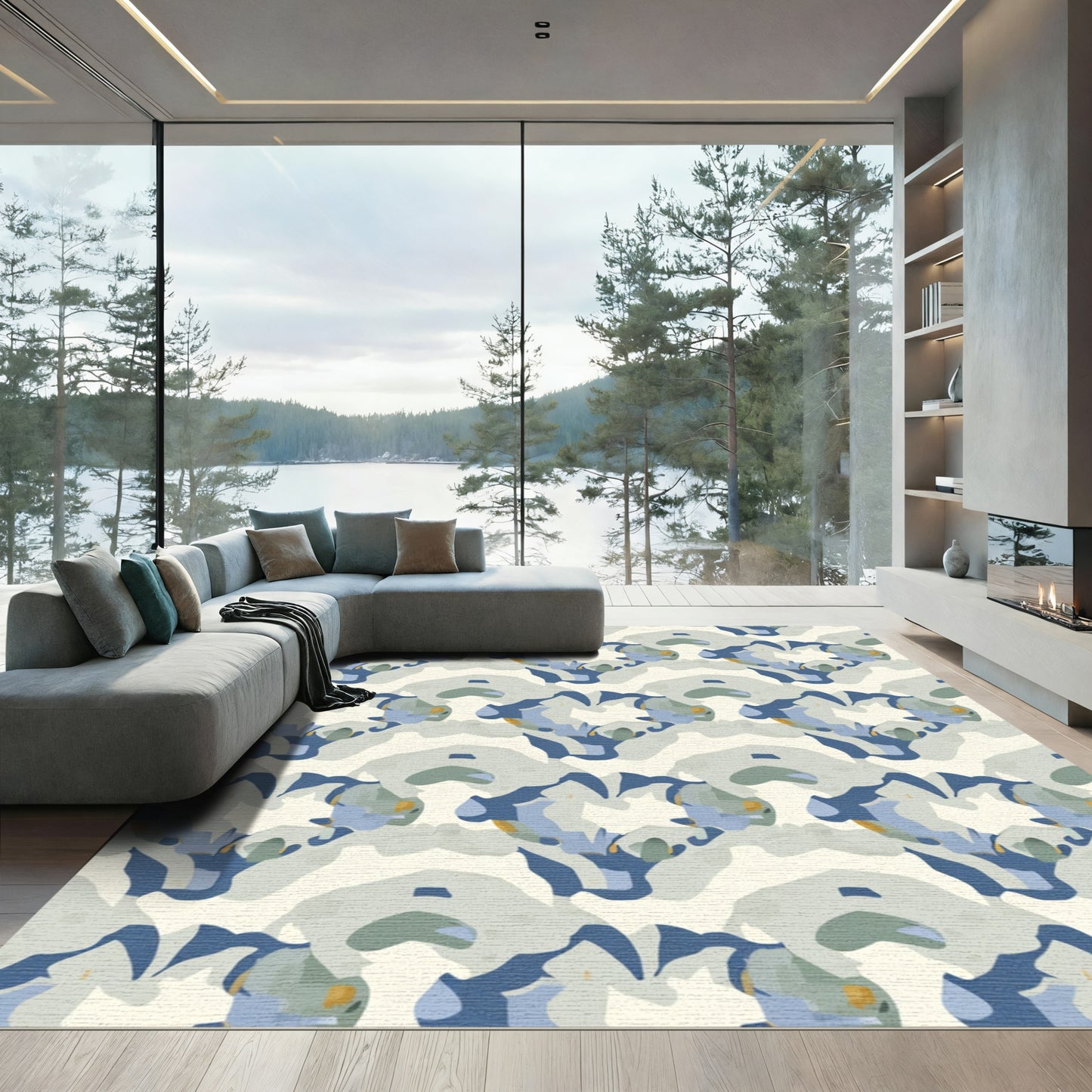 Abstract Blue Gray Heart Bloom Rug