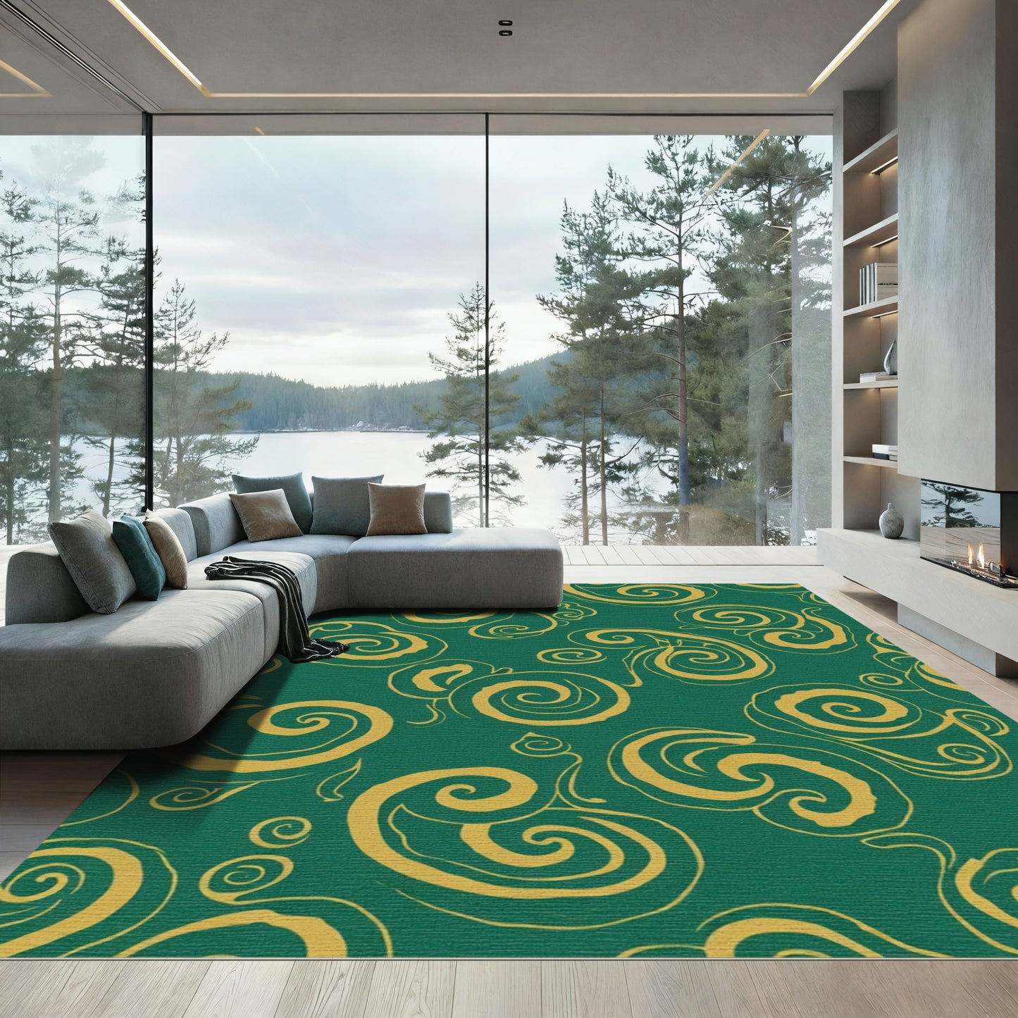 Emerald Gold Swirl Cloud Composition Rug