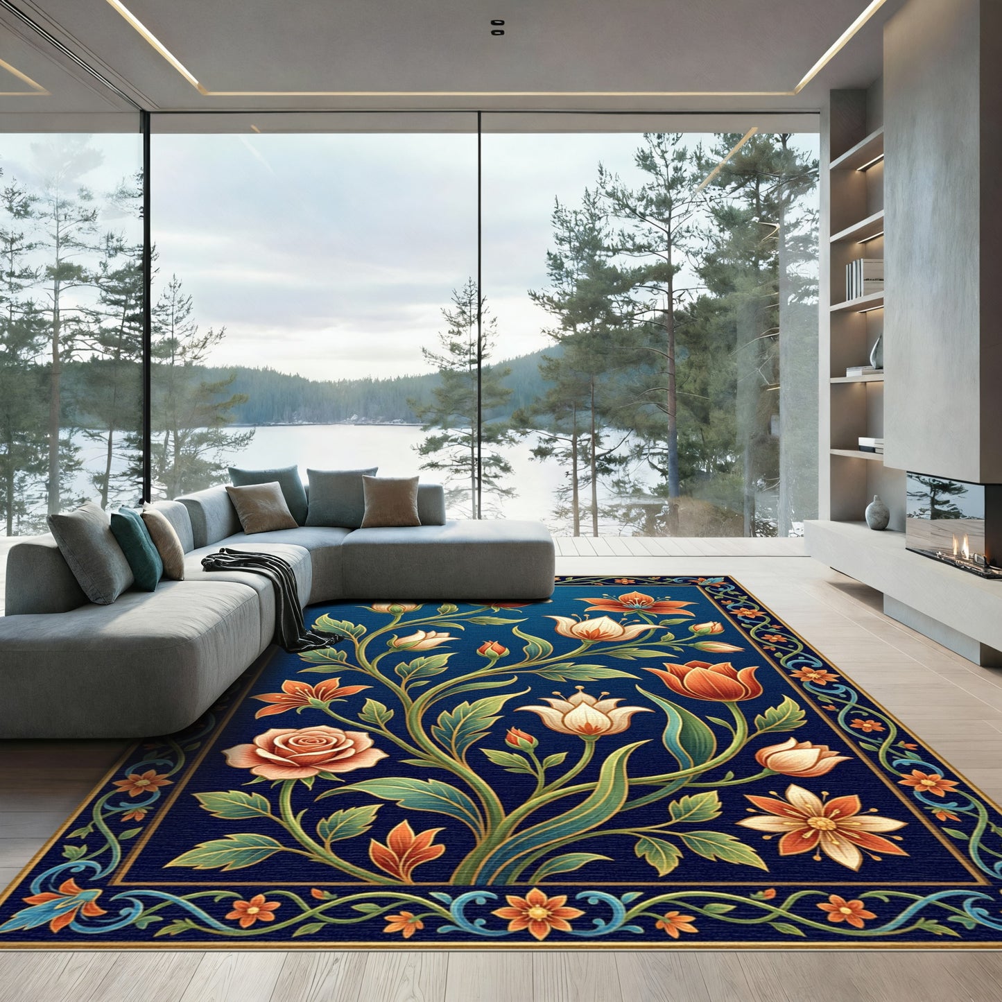 Vintage Floral Scrollwork Blue Rug