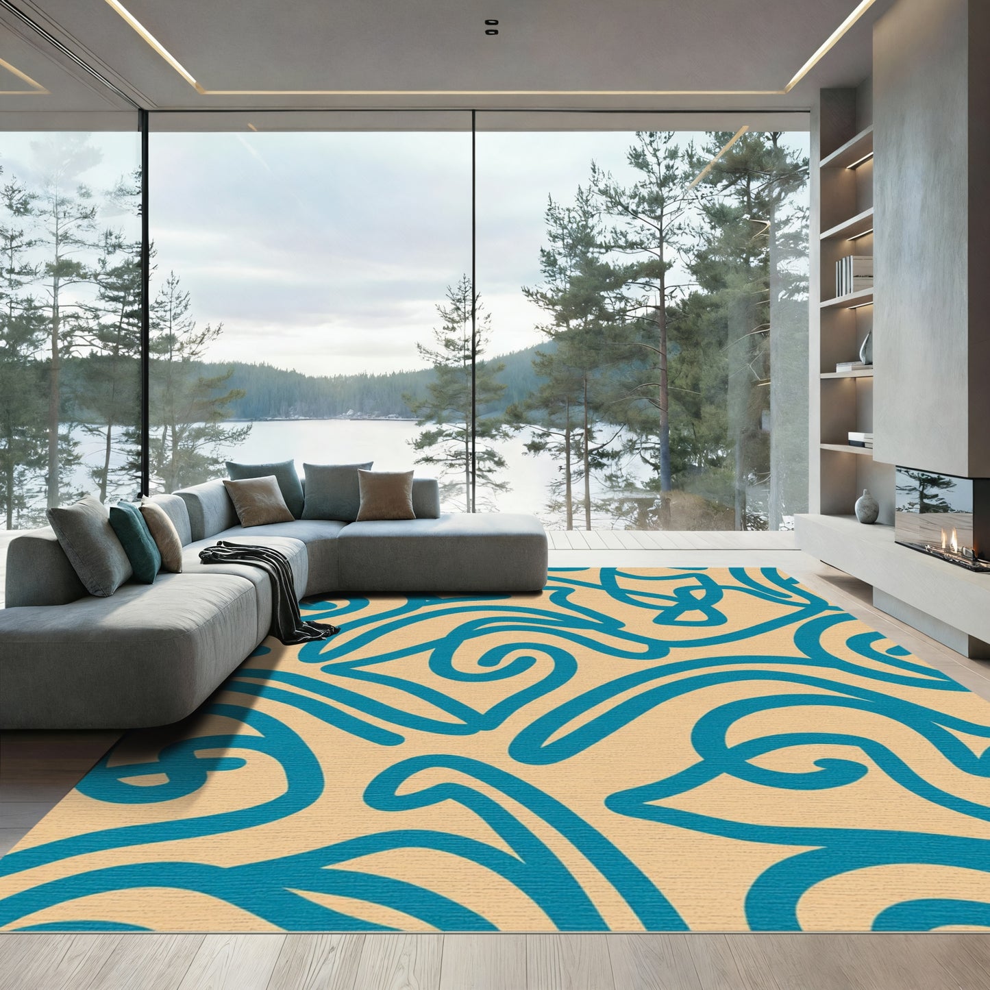 Aqua Swirls on Beige Background Rug