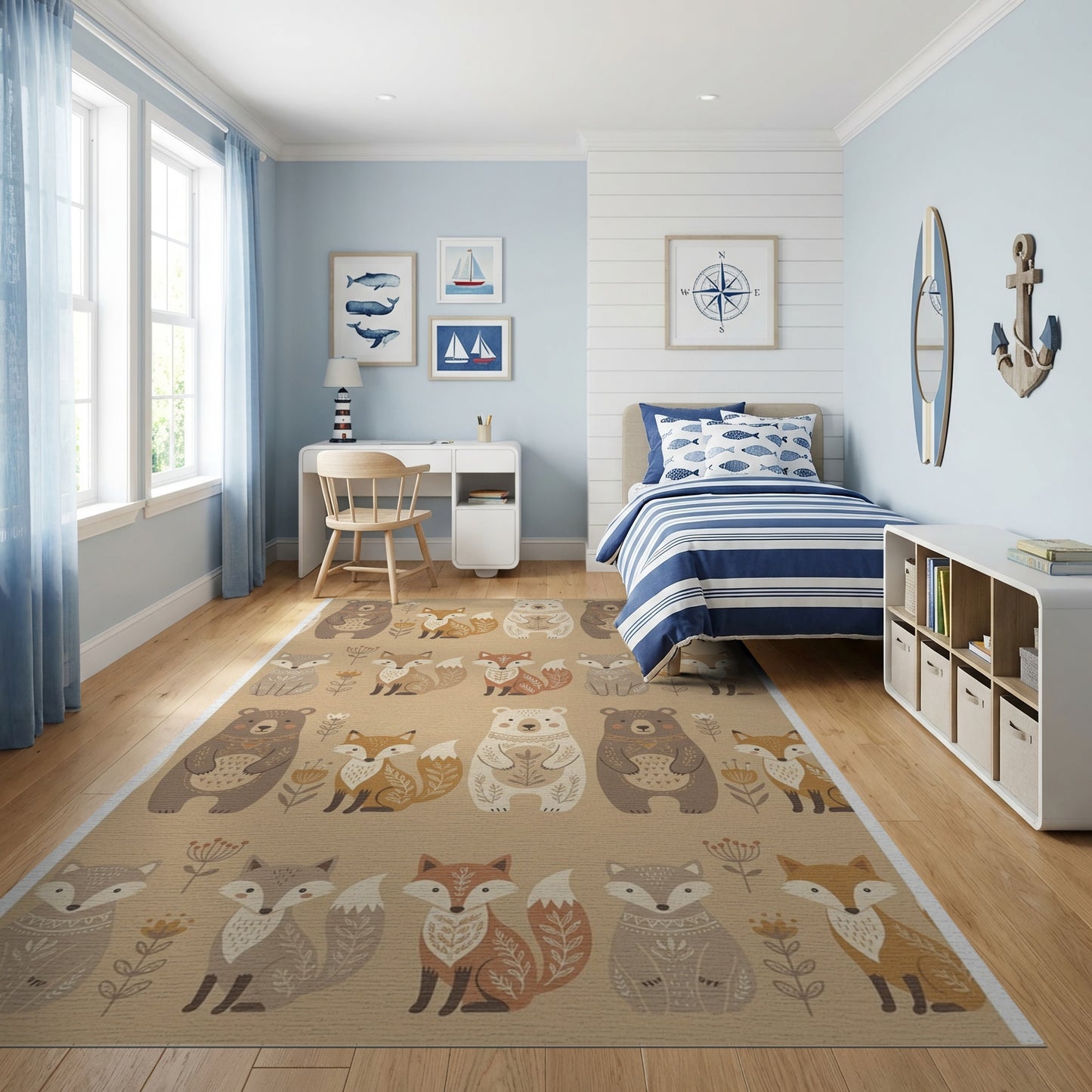 Earthy Bear Fox Floral Whimsical Rug