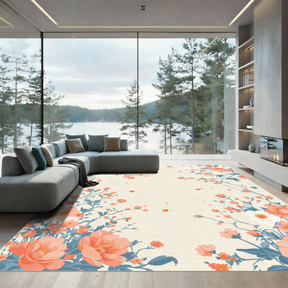 Coral Peach Floral Branches Cream Rug
