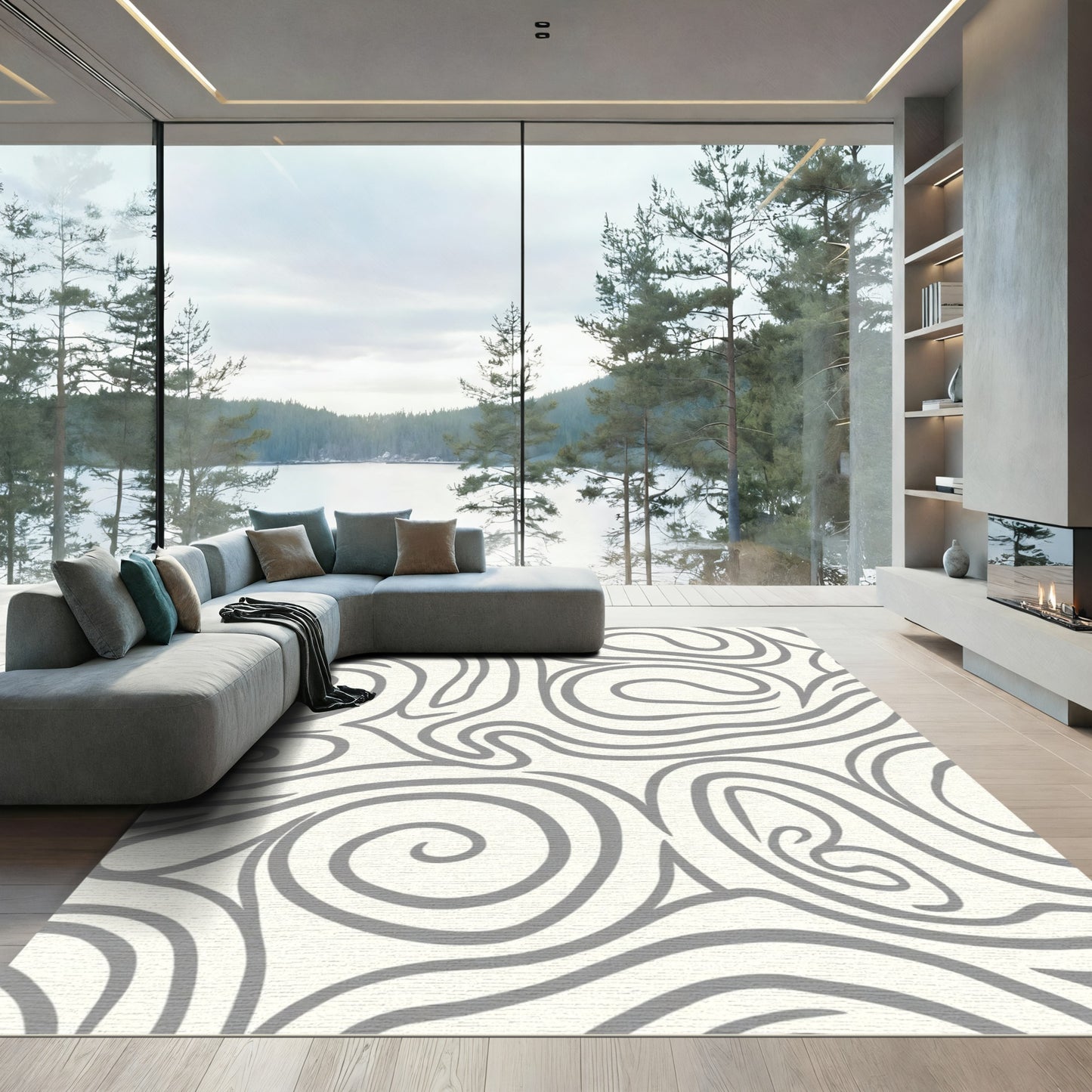 Cream Gray Swirl Abstract Rug