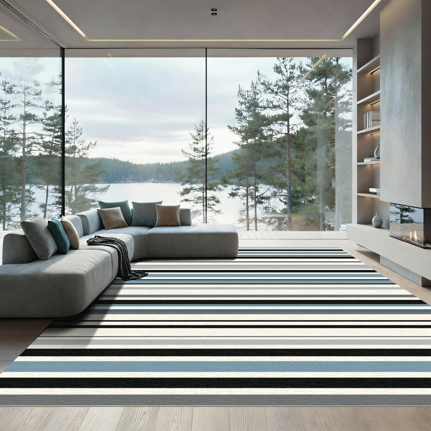 Cool Blue Gray Charcoal Stripe Rug