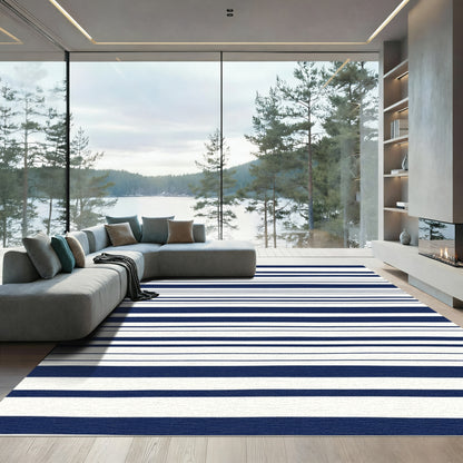 Dark Blue White Uneven Stripe Rug