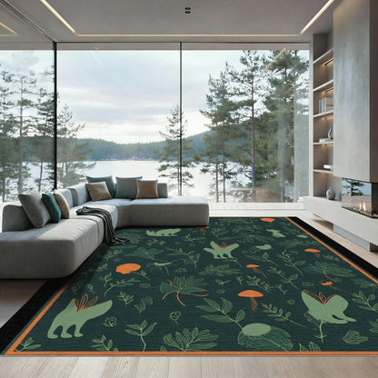 Deep Green Woodland Creatures Botanical Art Rug