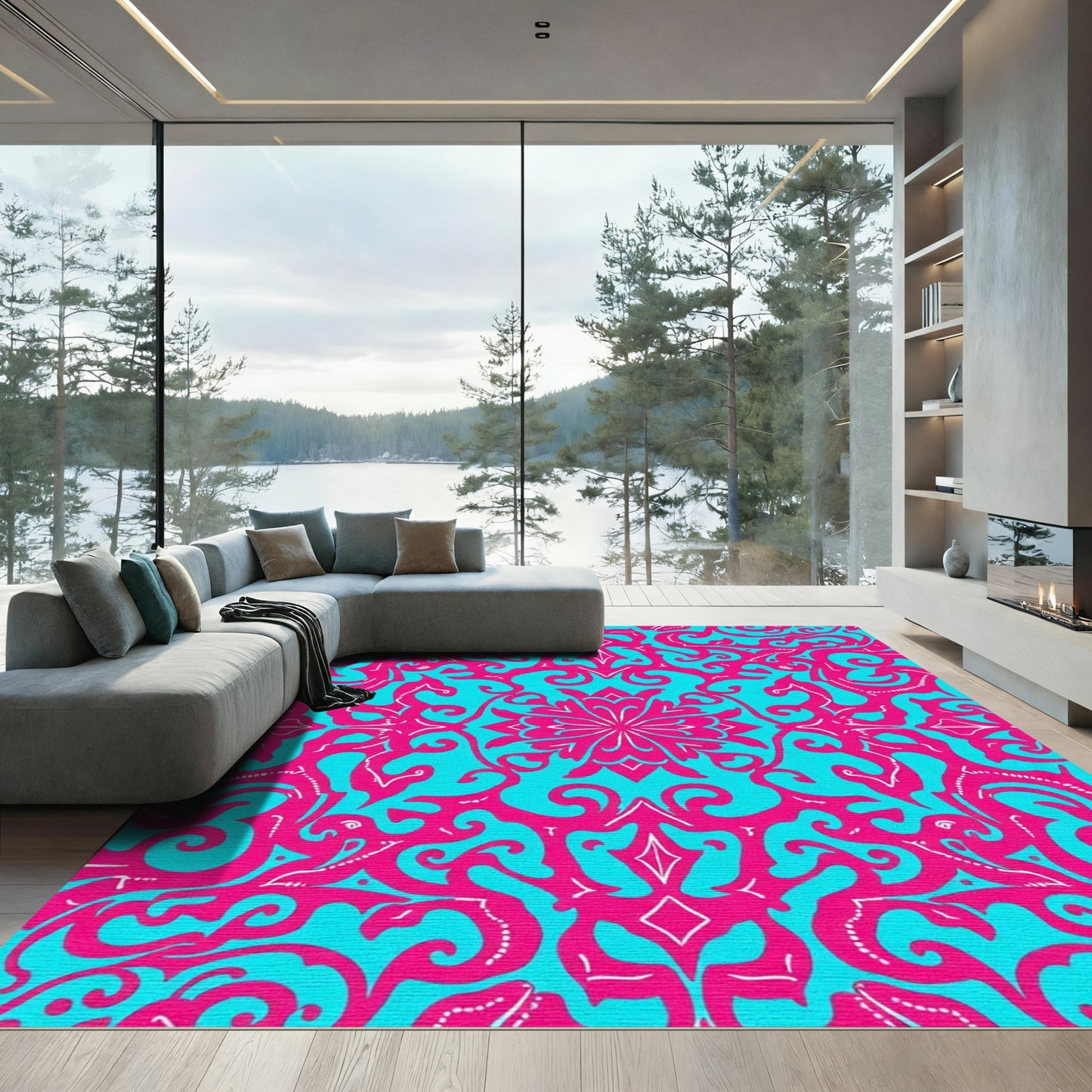Fuchsia Turquoise Floral Symmetry Rug