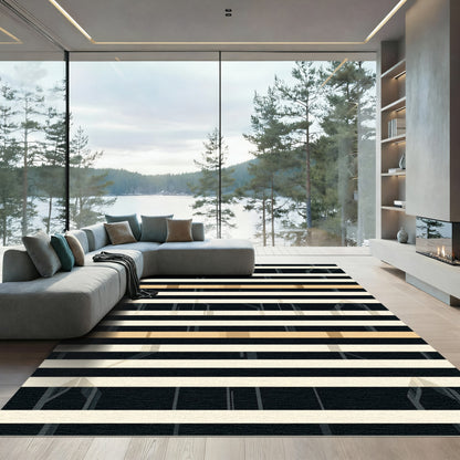 Modern Black Cream Gold Stripe Rug