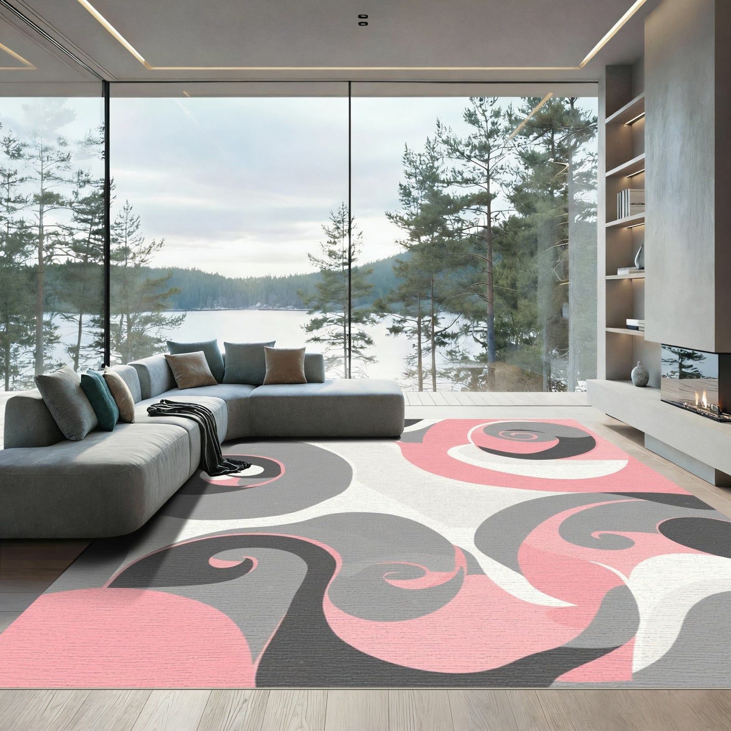Soft Pink Gray Swirl Abstract Rug